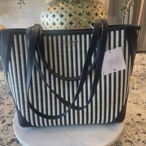 Kate Spade Buddie Striped Straw Small Tote with Zip Pouch - Blazer Blue Multi - Picture 5 of 5